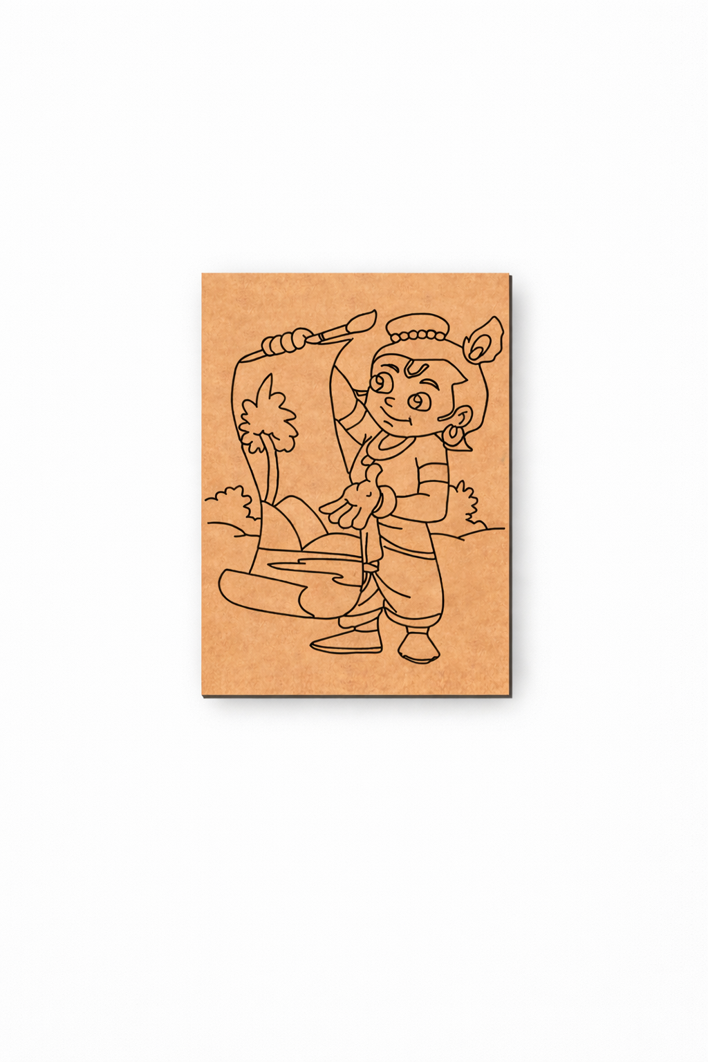 MDF DIY wall art with engraved illustration of a character holding a weapon on a white background