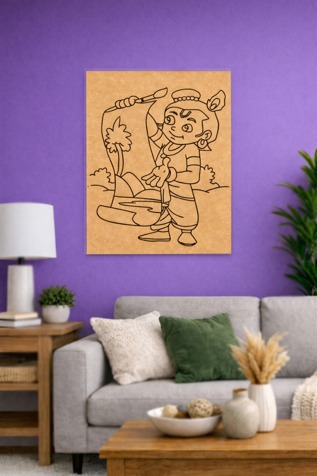 MDF DIY  wall art of a cartoon character on a purple wall above a gray sofa.