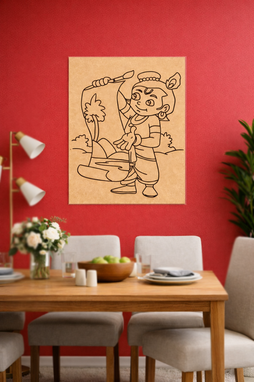 Dining room with a red wall, wooden table, chairs, and a framed illustration of a child holding a toy airplane.