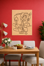 Dining room with a red wall, wooden table, chairs, and a framed illustration of a child holding a toy airplane.