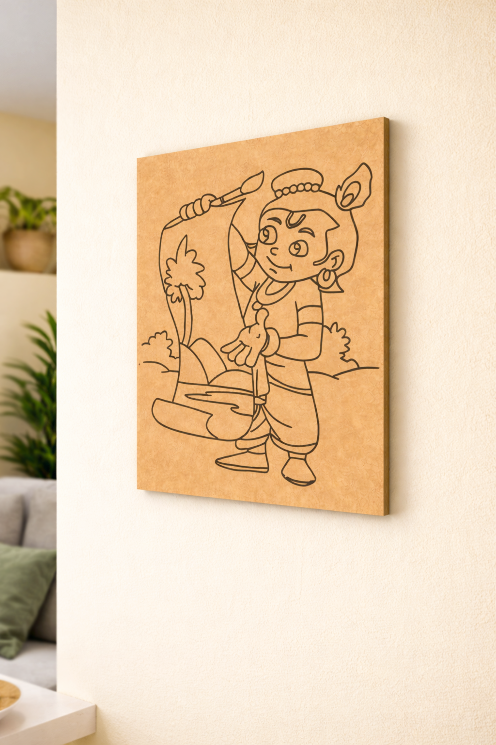 MDF DIY  wall art of a cartoon character on a light-colored wall.