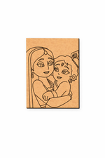 MDF DIY wall art with laser-cut illustration of two people hugging on a white background