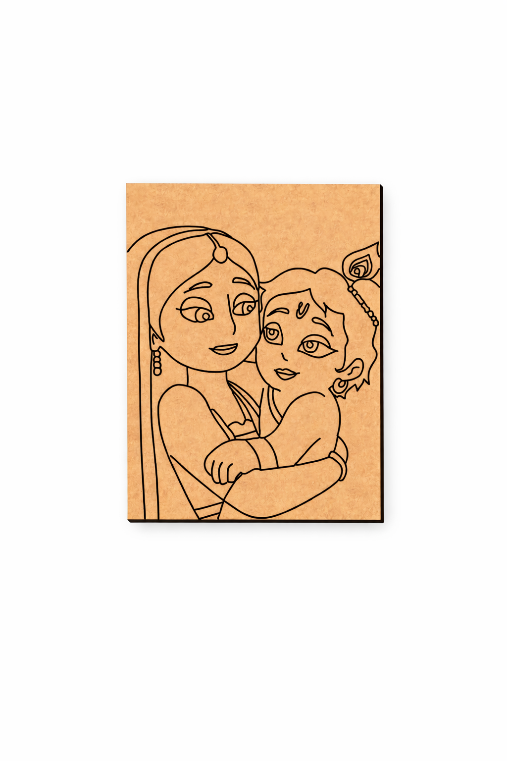 MDF DIY wall art with laser-cut illustration of two people hugging on a white background
