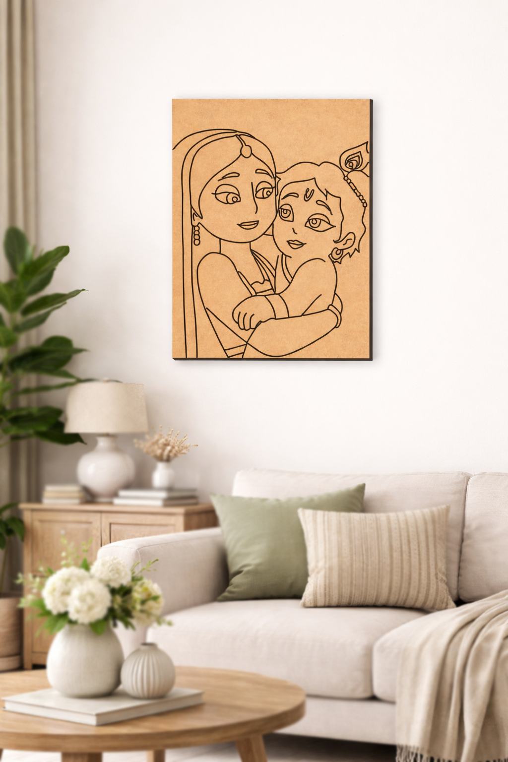 MDF DIY  wall art of two people hugging in a living room setting.