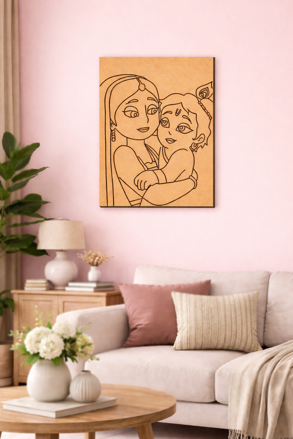 MDF DIY  wall art of two people hugging on a pink wall above a sofa.