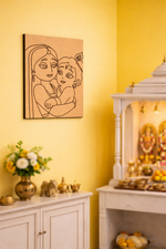 Decorative MDF DIY  wall art of two people on a yellow wall with a white cabinet and decorative items.