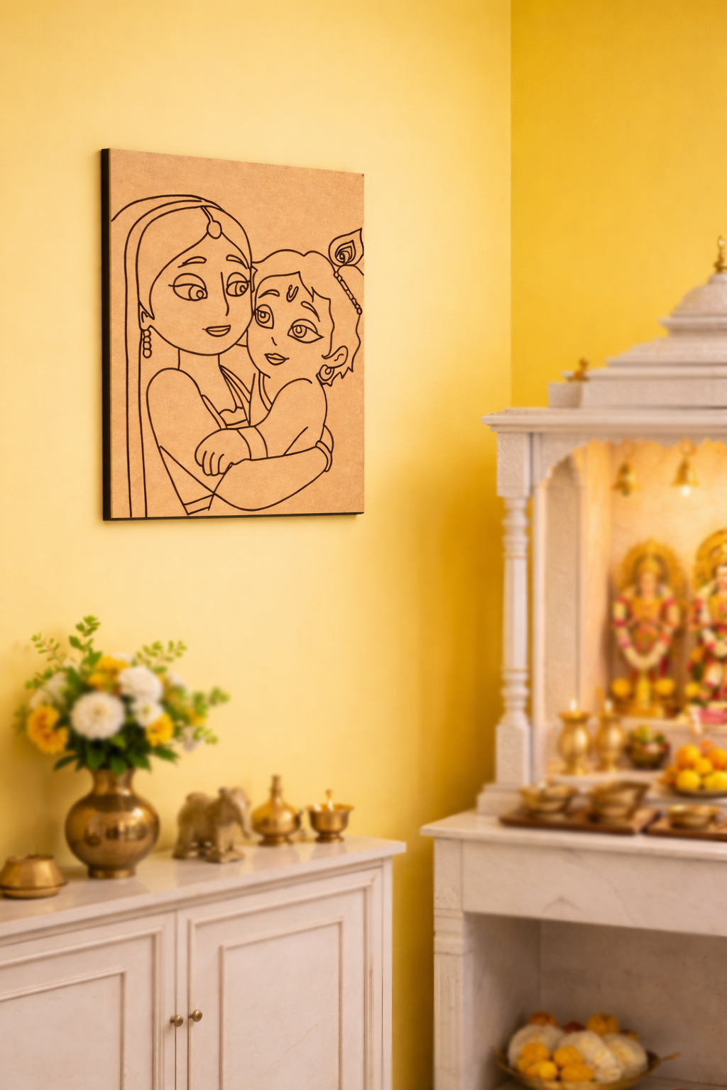 Decorative MDF DIY  wall art of two people on a yellow wall with a white cabinet and decorative items.