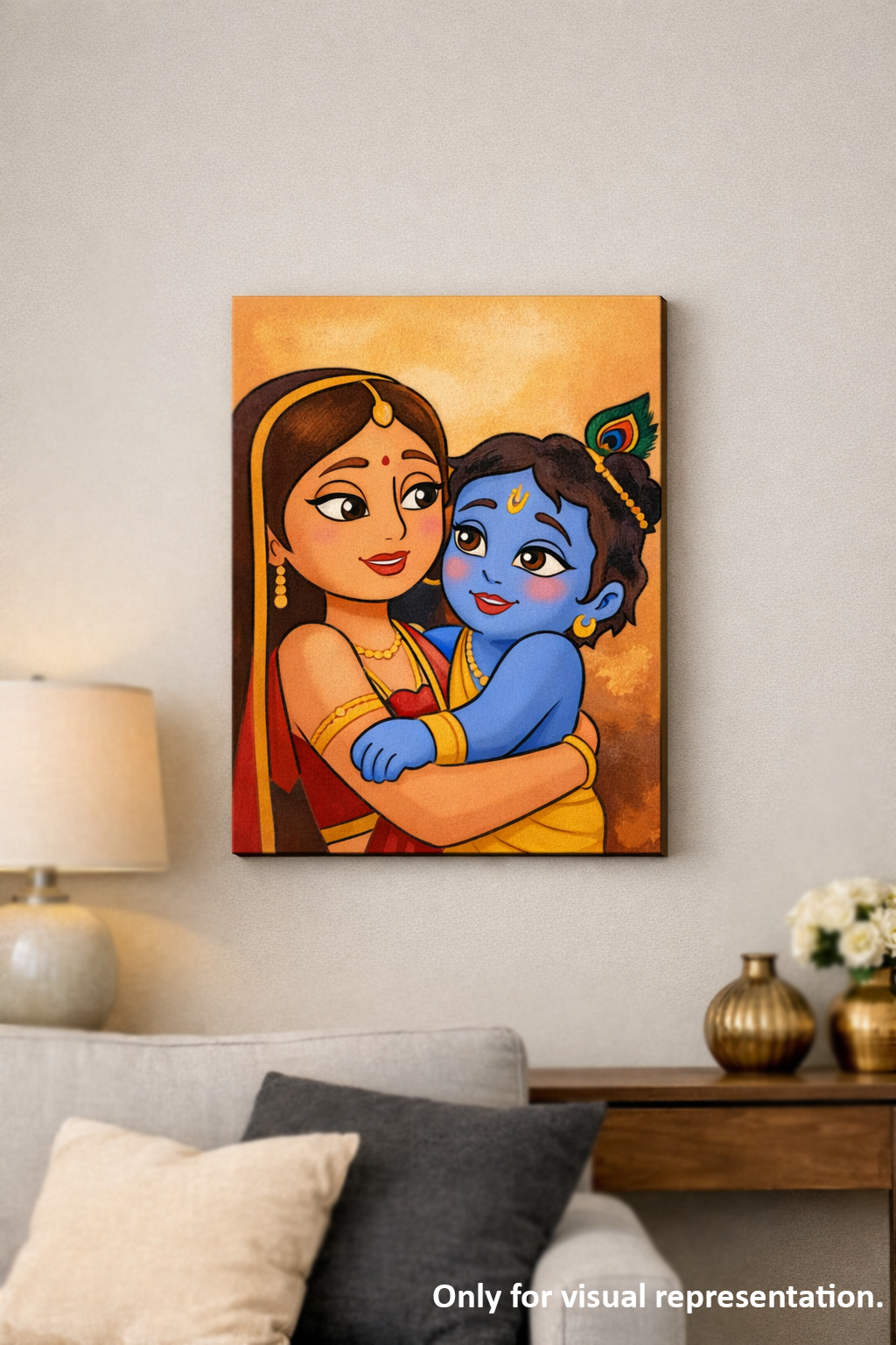 MDF DIY Canvas painting of two characters hugging on a wall in a living room setting.
