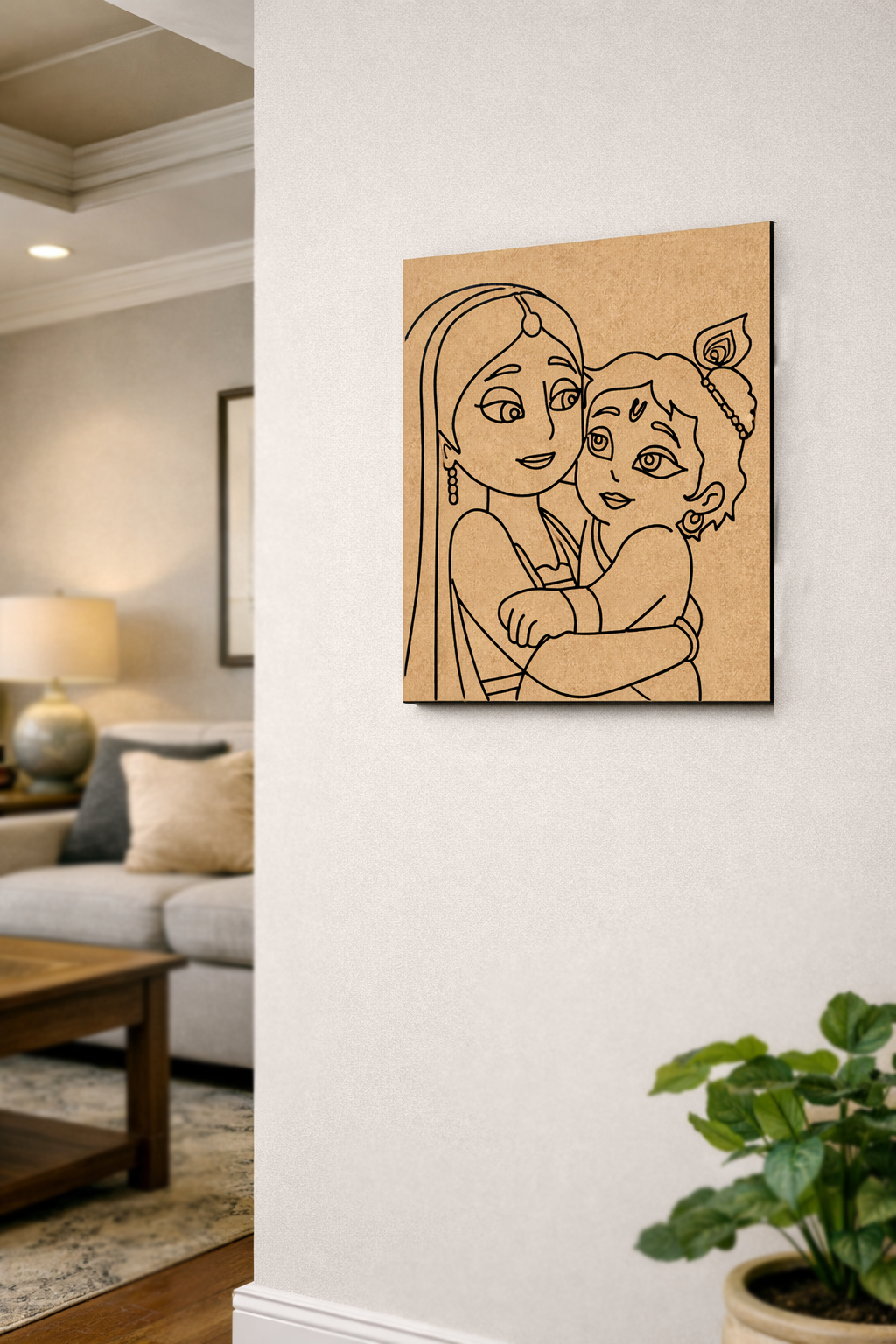 MDF DIY wall art of mother and child hugging on a white wall in a living room.