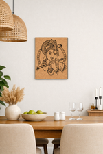 Dining room with a MDF DIY  wall art piece of a krishna face.