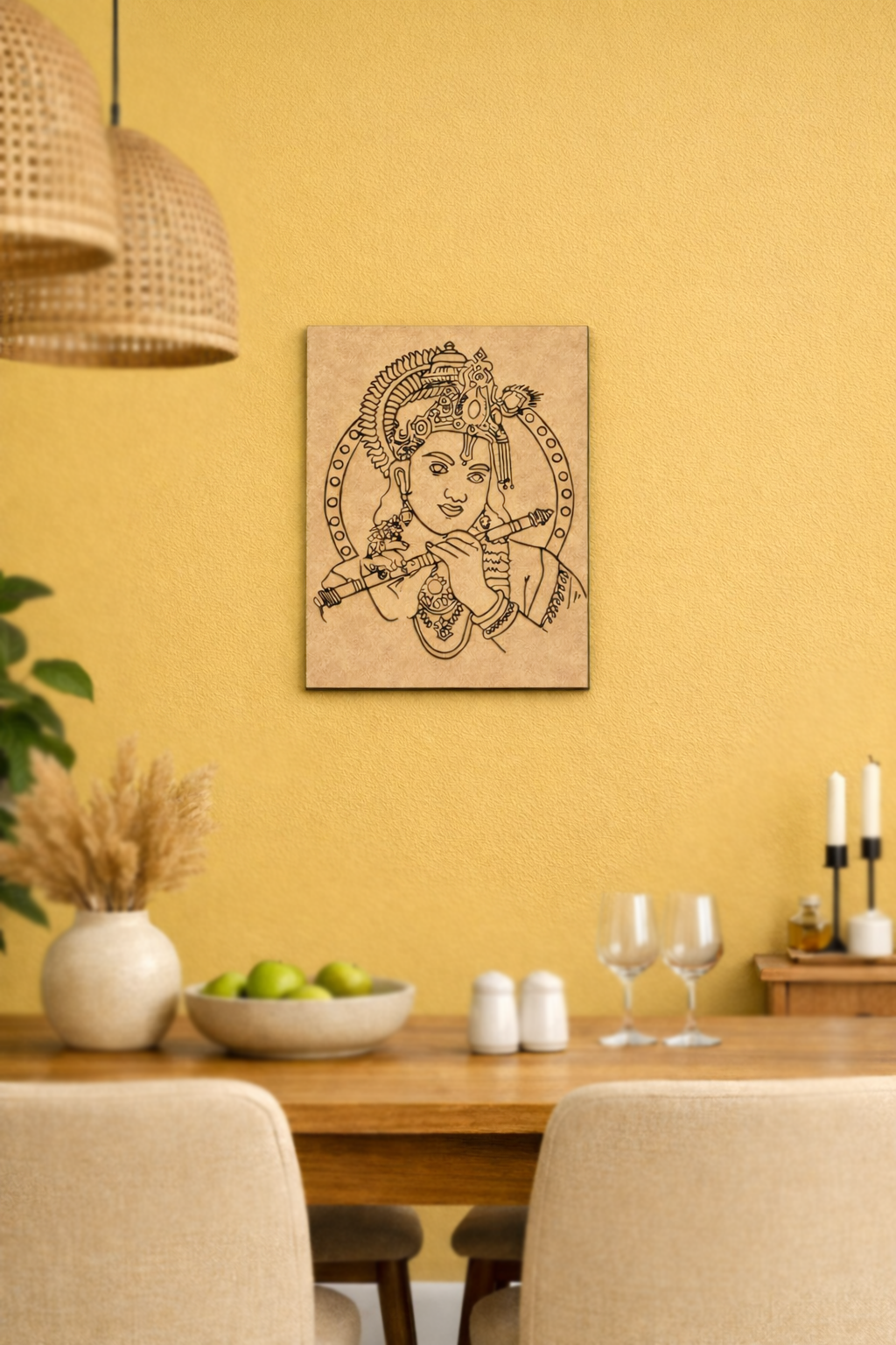 Dining room with a yellow wall, wooden table, and decorative MDF DIY wall art.