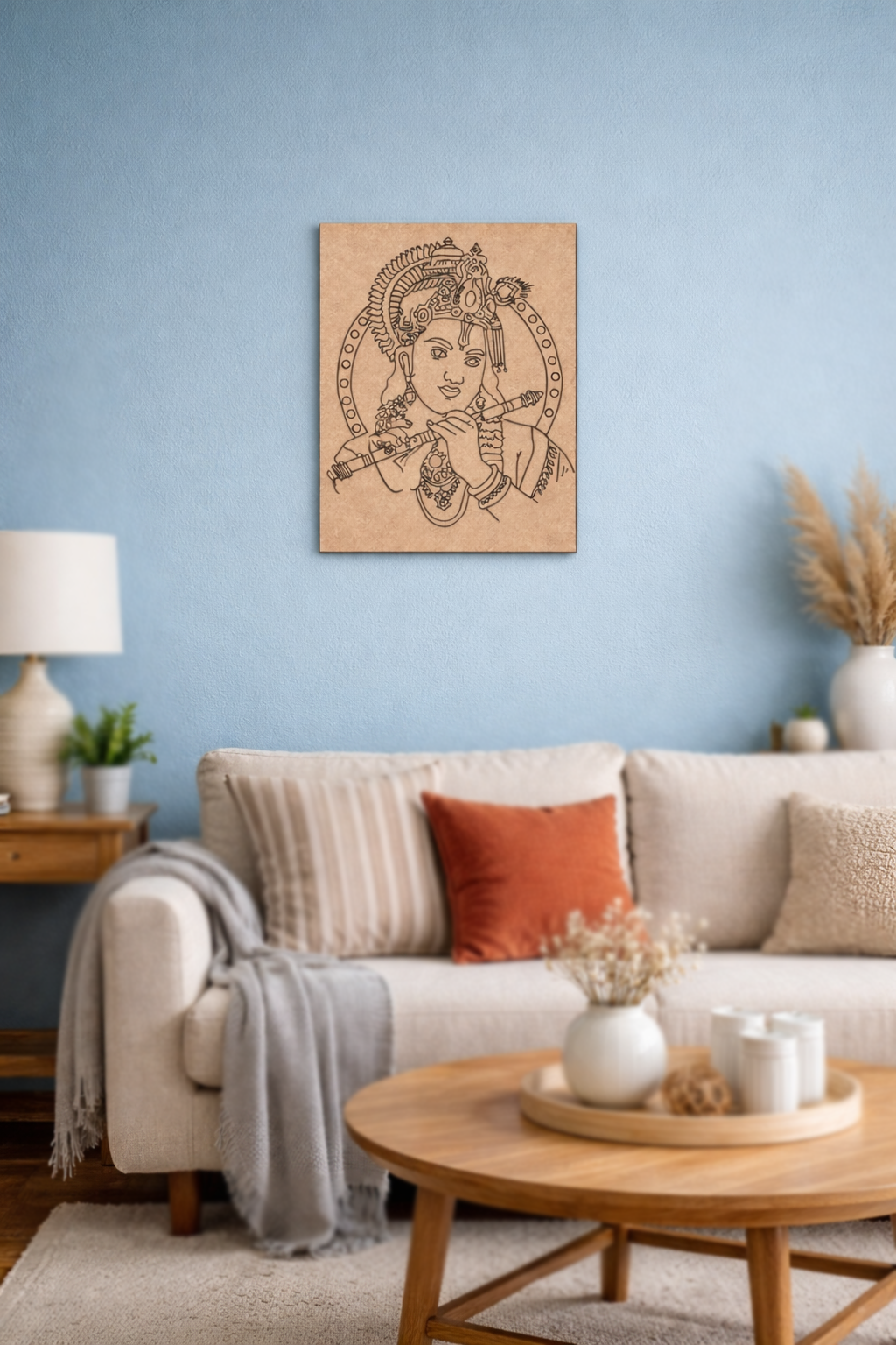 Living room with a beige sofa, wooden coffee table, and decorative MDF DIY wall art.