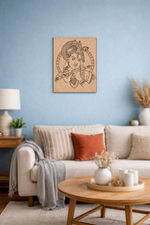 Living room with a beige sofa, wooden coffee table, and decorative MDF DIY wall art.