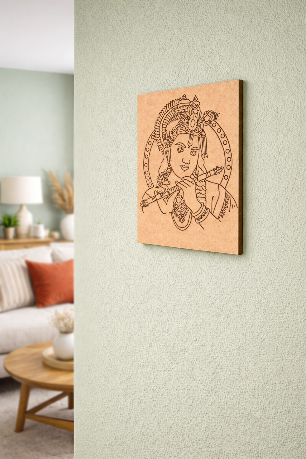 MDF DIY  wall art of a stylized face on a light green wall in a living room.