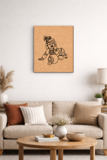 Living room with a beige sofa, wooden coffee table, and MDF DIY framed artwork on the wall.