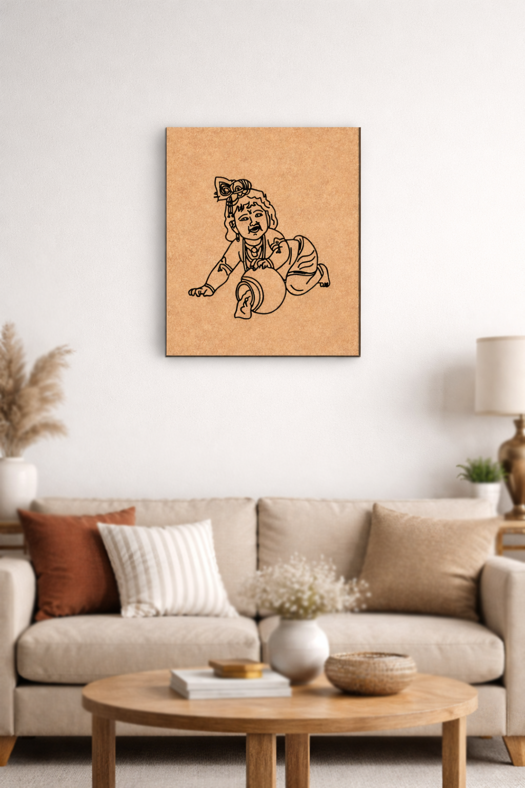 Living room with a beige sofa, wooden coffee table, and MDF DIY framed artwork on the wall.