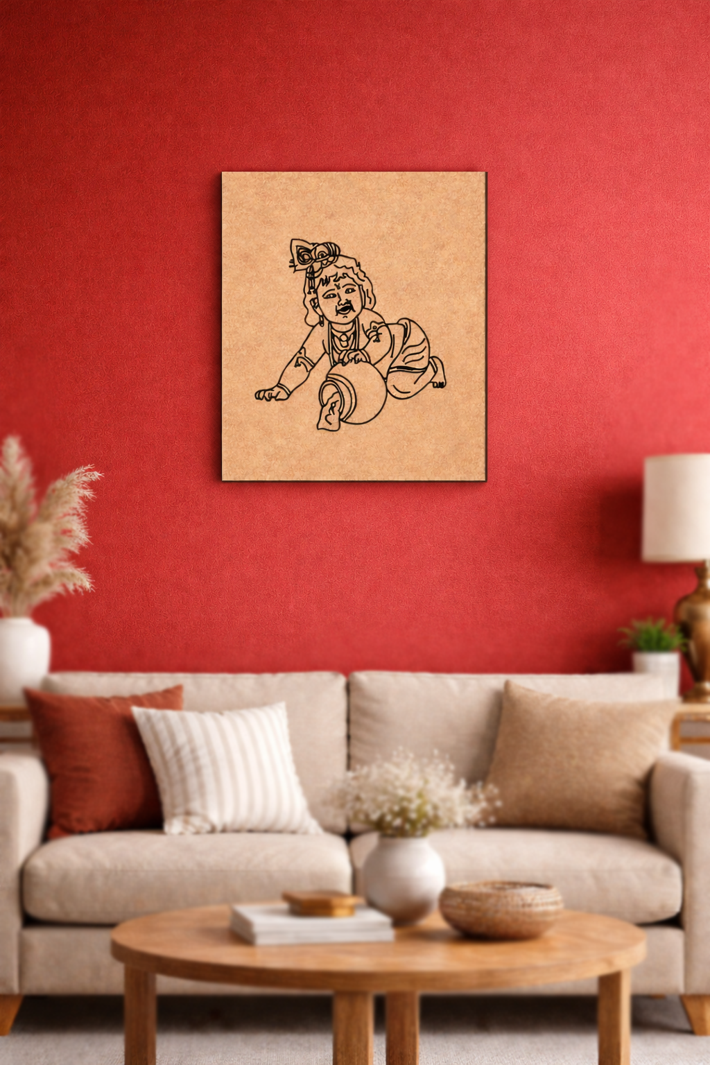 Living room with a red wall, beige sofa, wooden coffee table, and MDF DIY framed artwork.