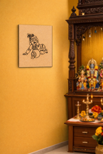 Decorative MDF DIY wall art of a child on a yellow wall next to a wooden with religious statues and offerings.