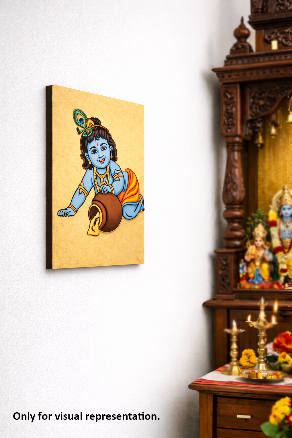 MDF DIY Canvas print of a deity on a wall next to a wooden cabinet with religious items.