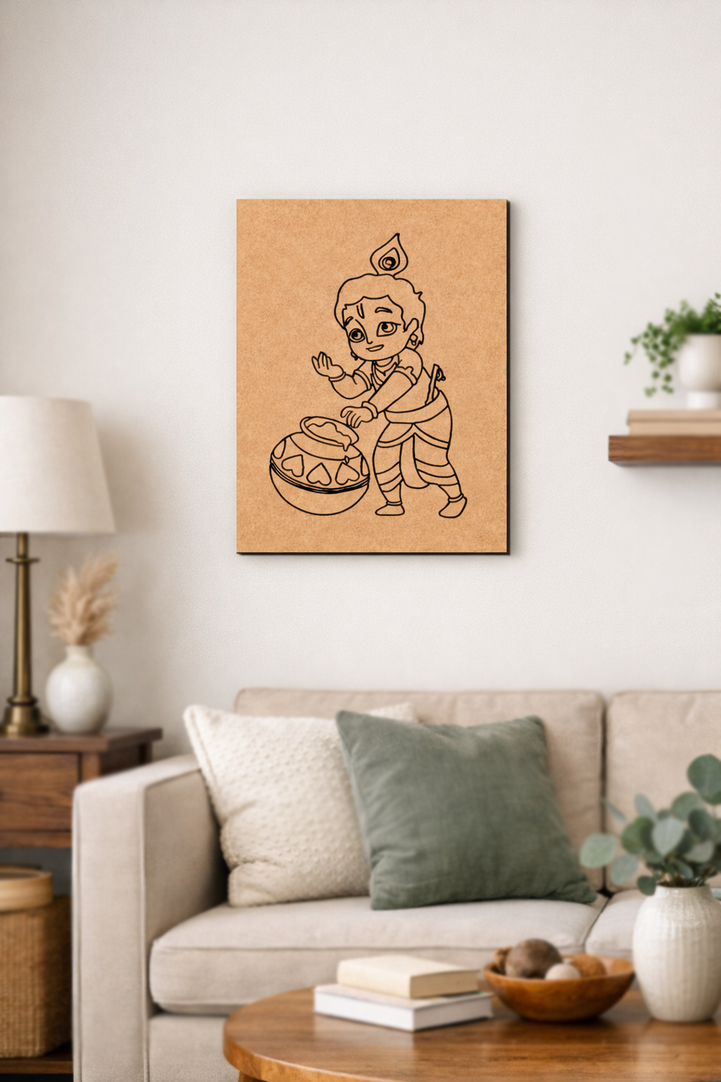 MDF DIY  wall art of a child playing with a pot in a living room setting.