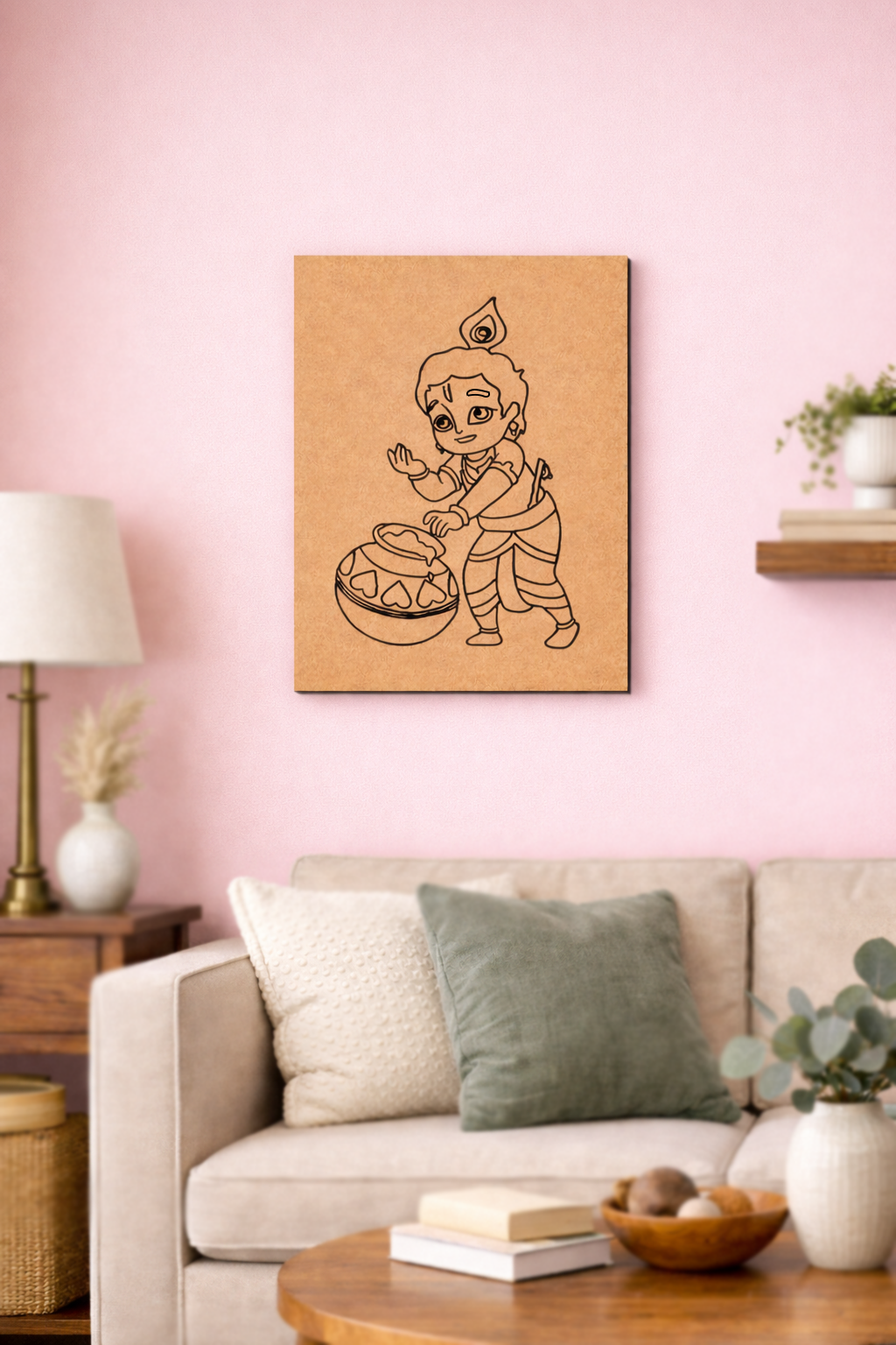 MDF DIY  wall art of a cartoon character in a living room with pink walls and a beige sofa.