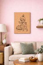 MDF DIY  wall art of a cartoon character in a living room with pink walls and a beige sofa.
