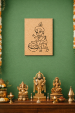 MDF DIY  wall art of a cartoon character on a green wall with religious statues below.