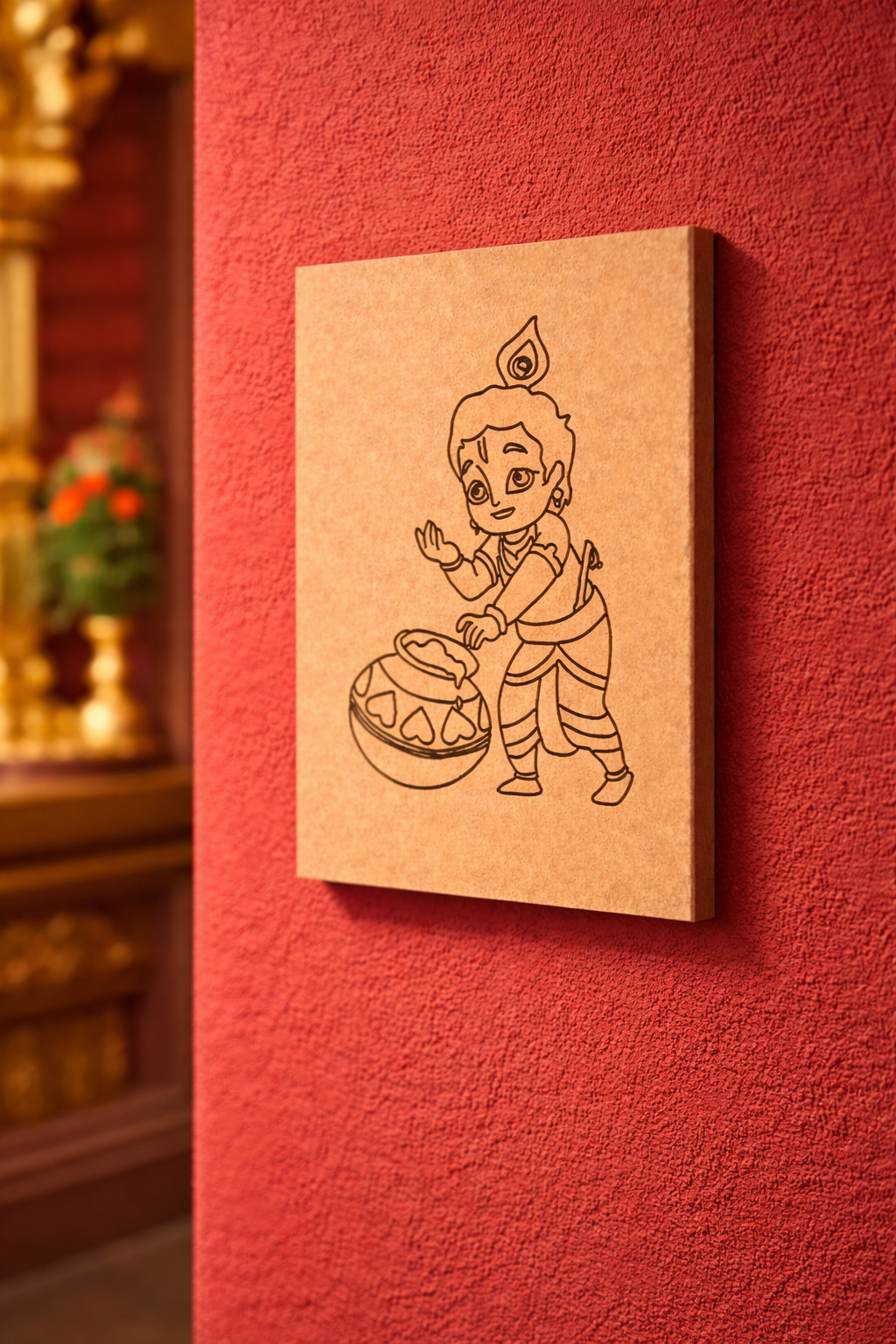 MDF DIY  wall art with a cartoon character on a red wall