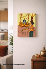 MDF DIY Canvas print of a cartoon scene with a man and a blue creature on a throne in a living room.