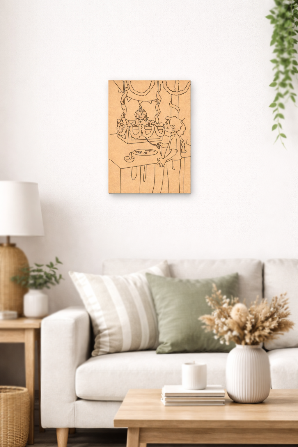 Living room with a beige sofa, wooden coffee table, and decorative MDF DIY wall art.
