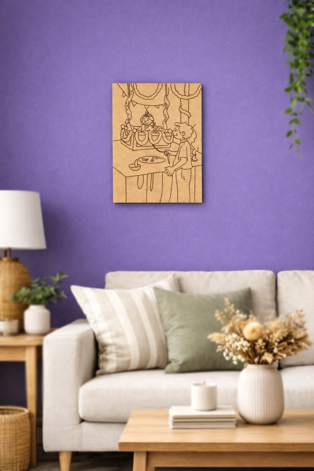 MDF DIY wall art Living room with a purple wall, beige sofa, wooden coffee table, and decorative items.