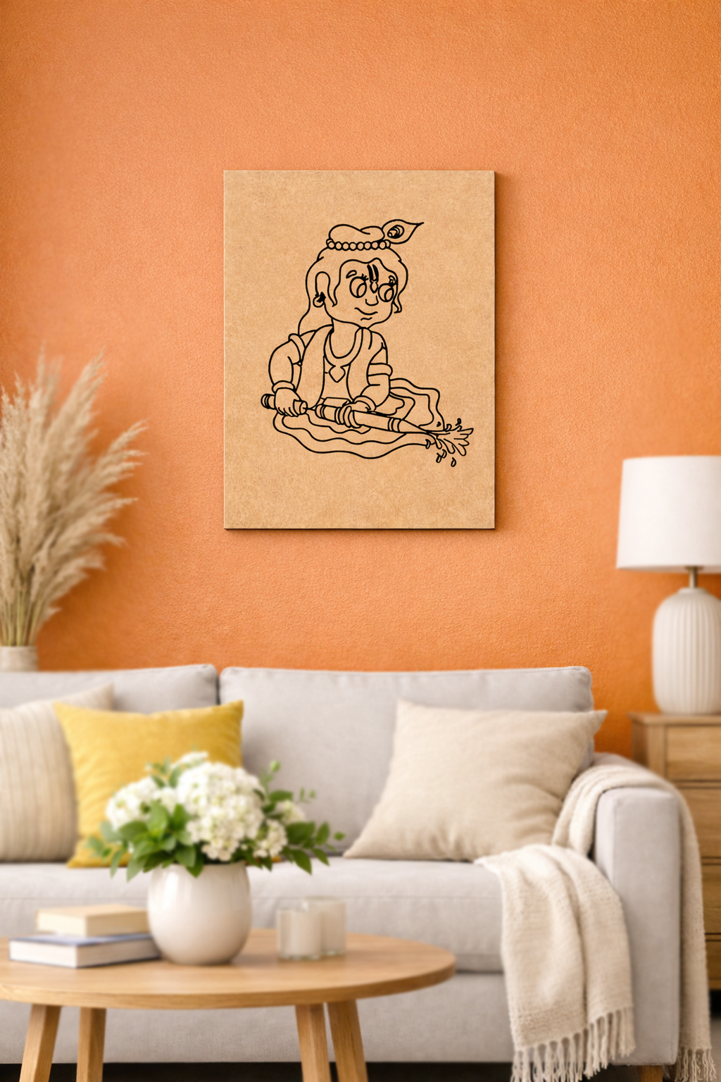 MDF DIY wall art Living room with a beige wall, gray sofa, and decorative items.