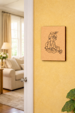 MDF DIY Canvas print of a cartoon character on a yellow wall in a living room.