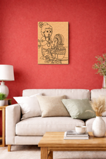 Living room with a beige sofa, wooden coffee table, and decorative MDF DIY wall art on a red wall.