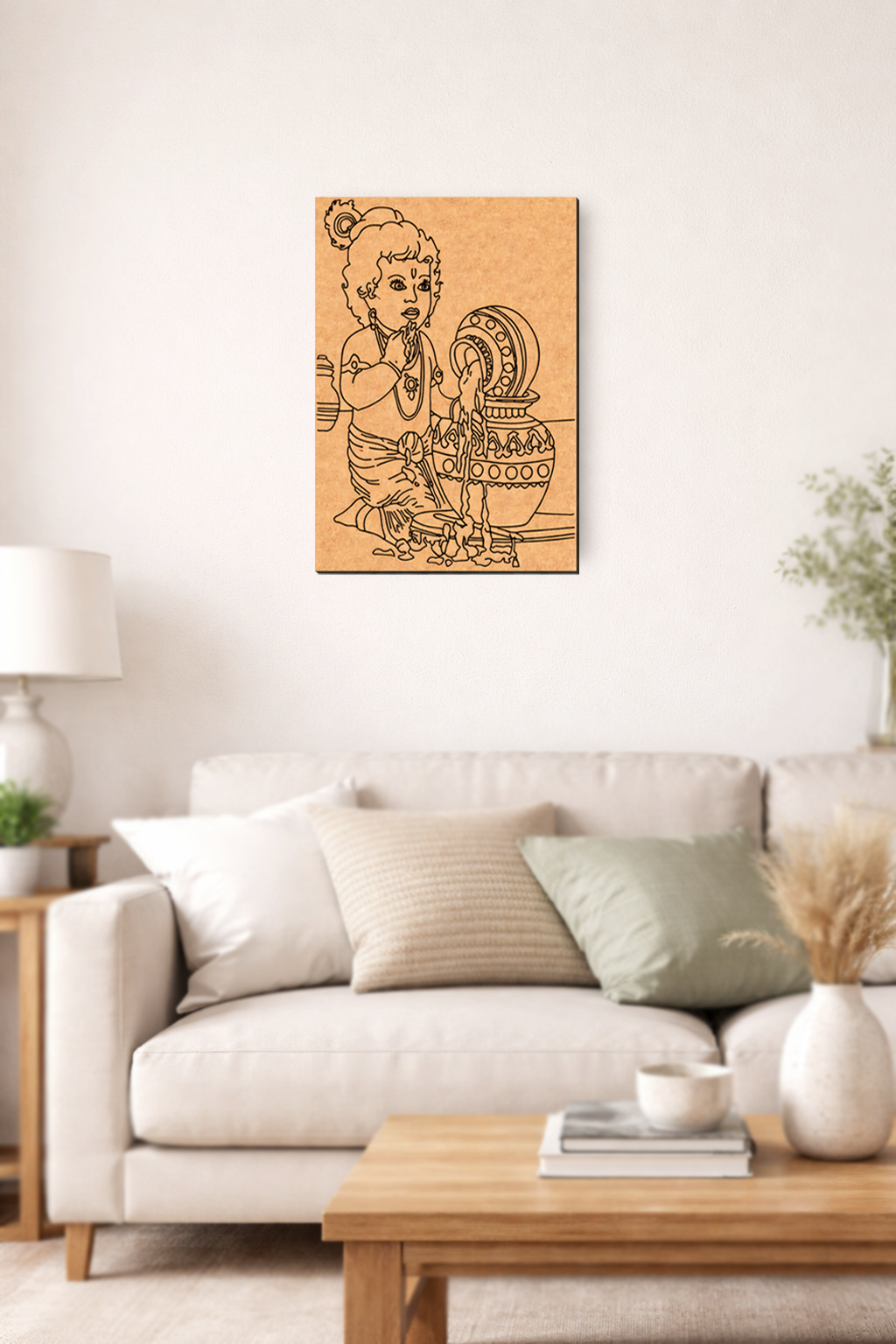 MDF DIY  wall art of a child with a fish above a sofa in a living room.