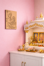 MDF DIY wall art  with religious items against a pink wall with a framed picture of a child.