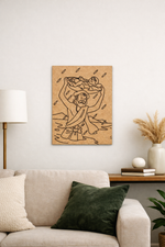 MDF DIY  wall art piece in a living room setting with a couch and lamp.