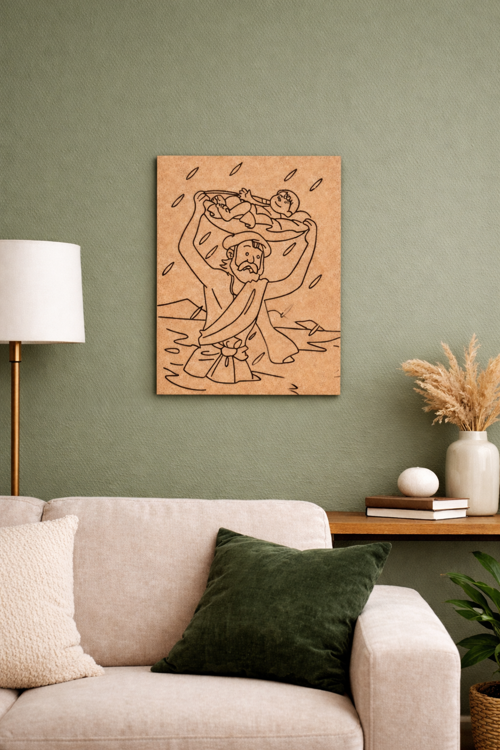 MDF DIY Wooden artwork on a green wall above a sofa with decorative pillows.