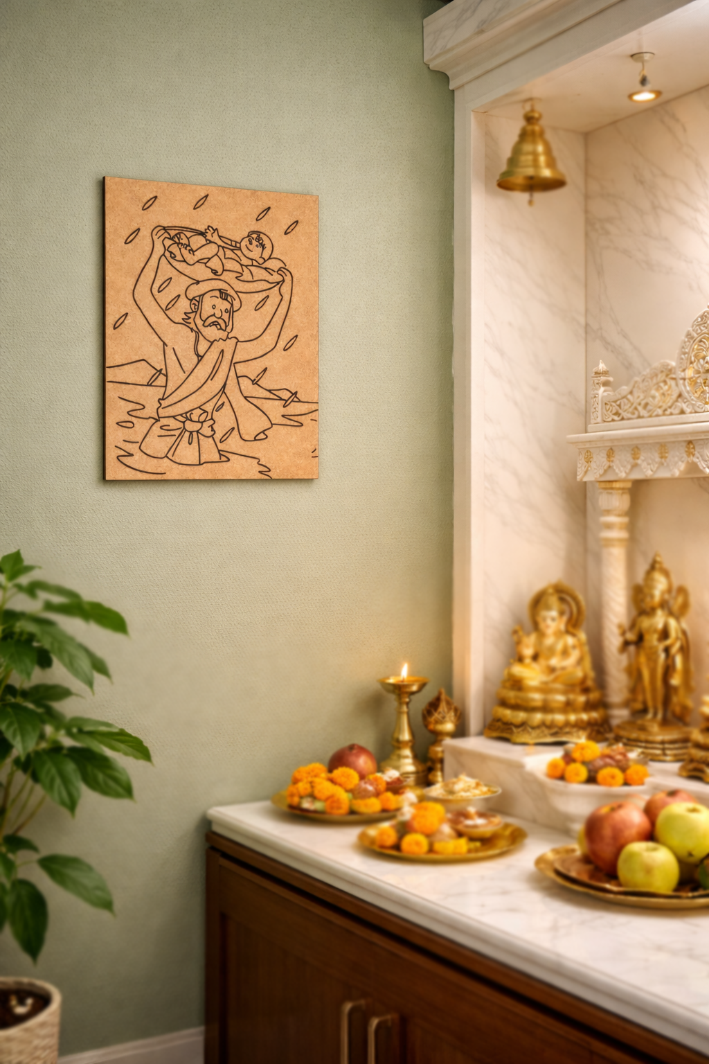 Decorative setup with statues, fruits, and a MDF DIY wall painting in a room.
