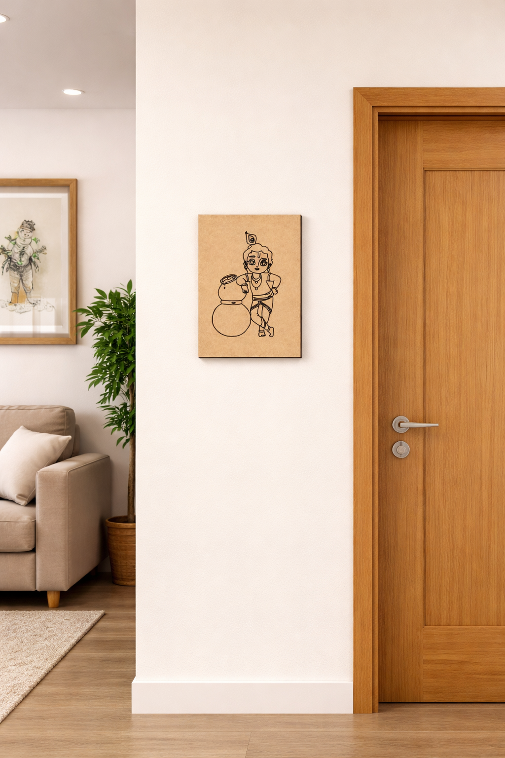 Living room with a couch, plant, and MDF DIY  wall art, featuring a wooden door.