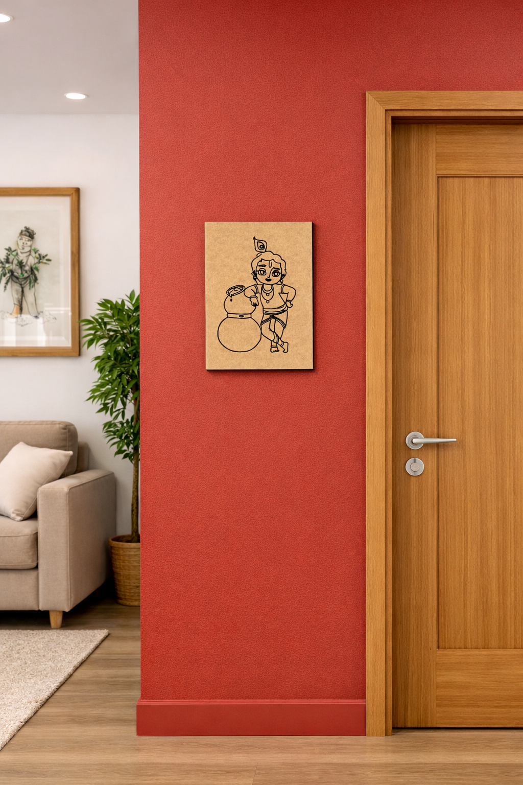 MDF DIY  wall art Room interior with a red wall, wooden door, and a framed picture of a snowman.