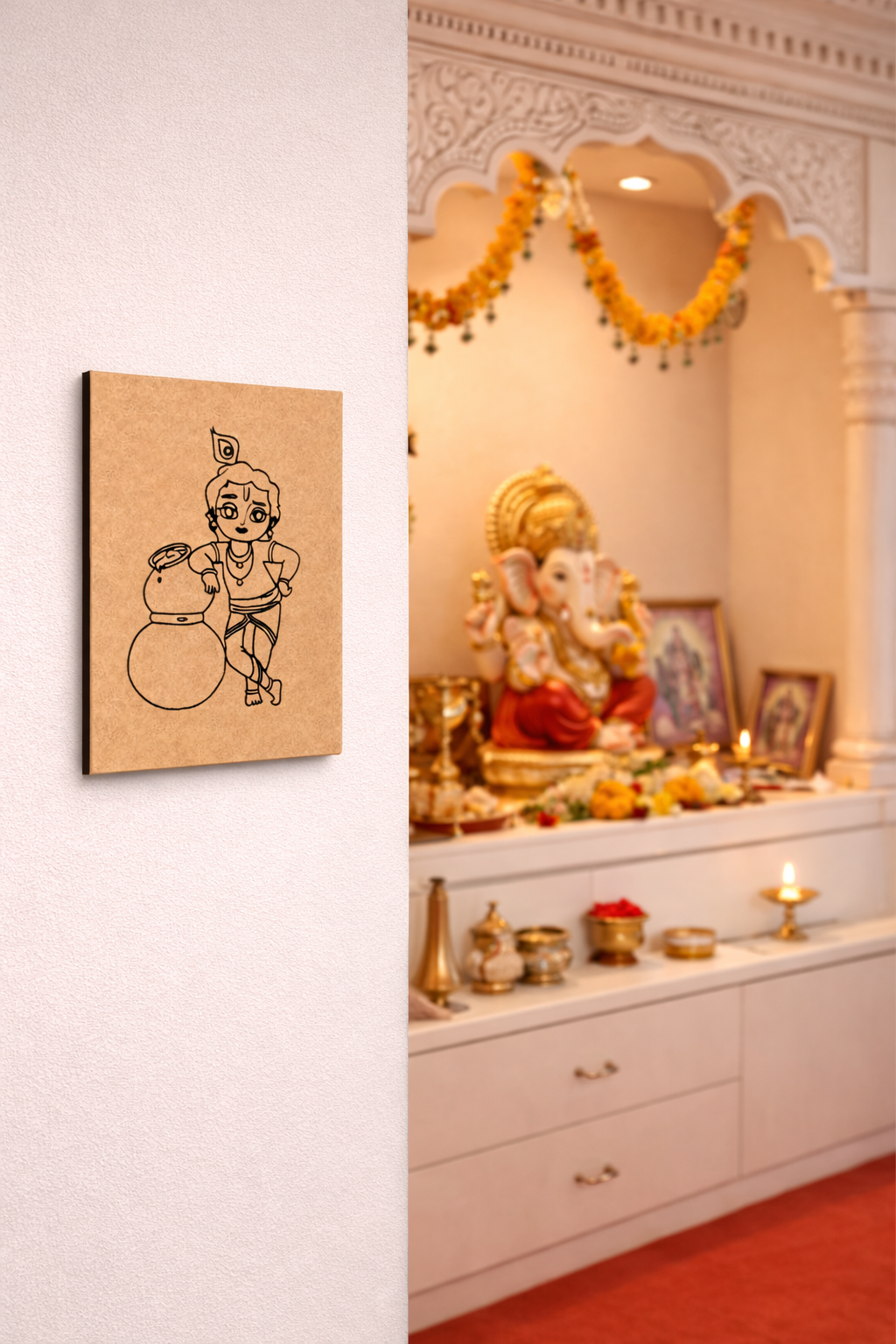 MDF DIY  wall art and Pooja room with deity idols and decorative elements on a white wall.