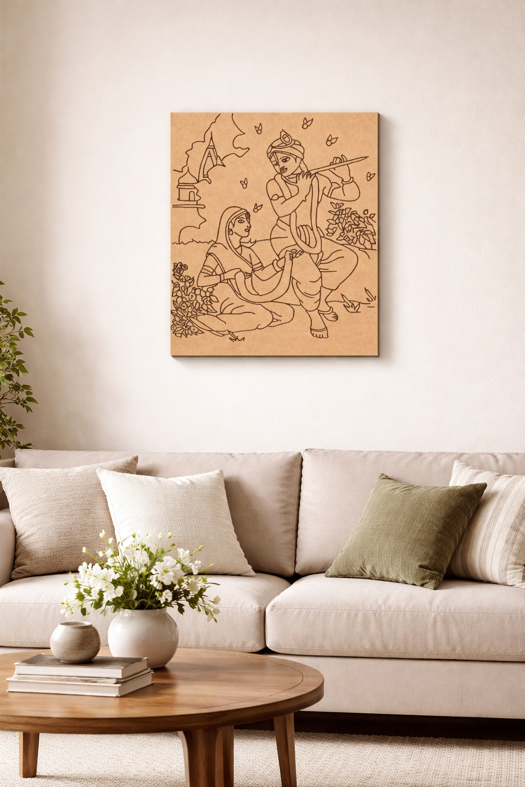 MDF DIY  wall art of a couple in a living room with a beige sofa and wooden coffee table.
