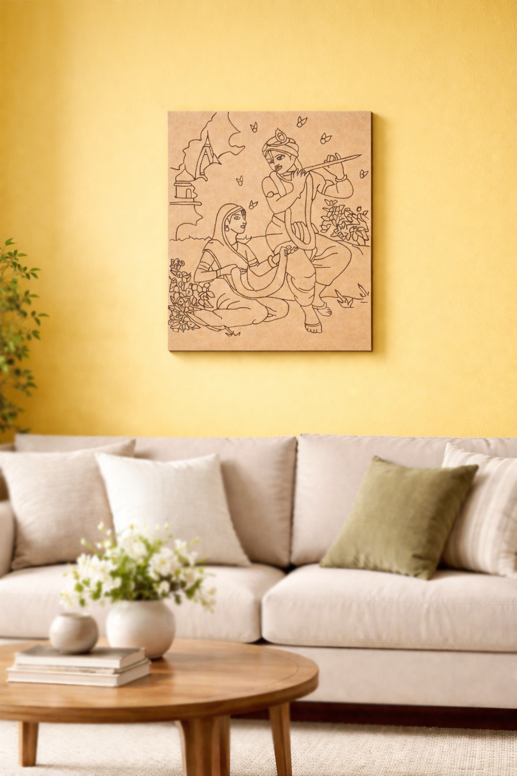 MDF DIY  wall art of a couple on a yellow wall above a beige sofa with decorative pillows.