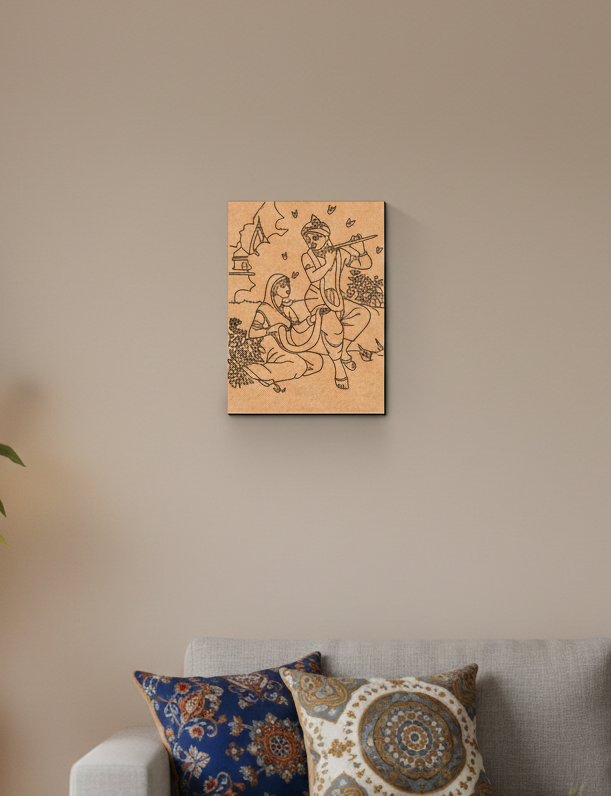 MDF DIY  wall art of a couple on a beige wall above a sofa with patterned cushions.