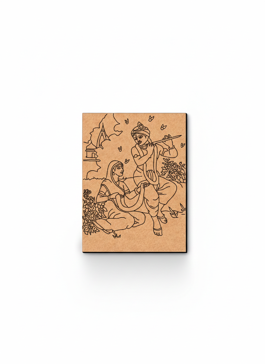MDF DIY wall art with engraved illustration of a couple sitting together, surrounded by nature on a white background.