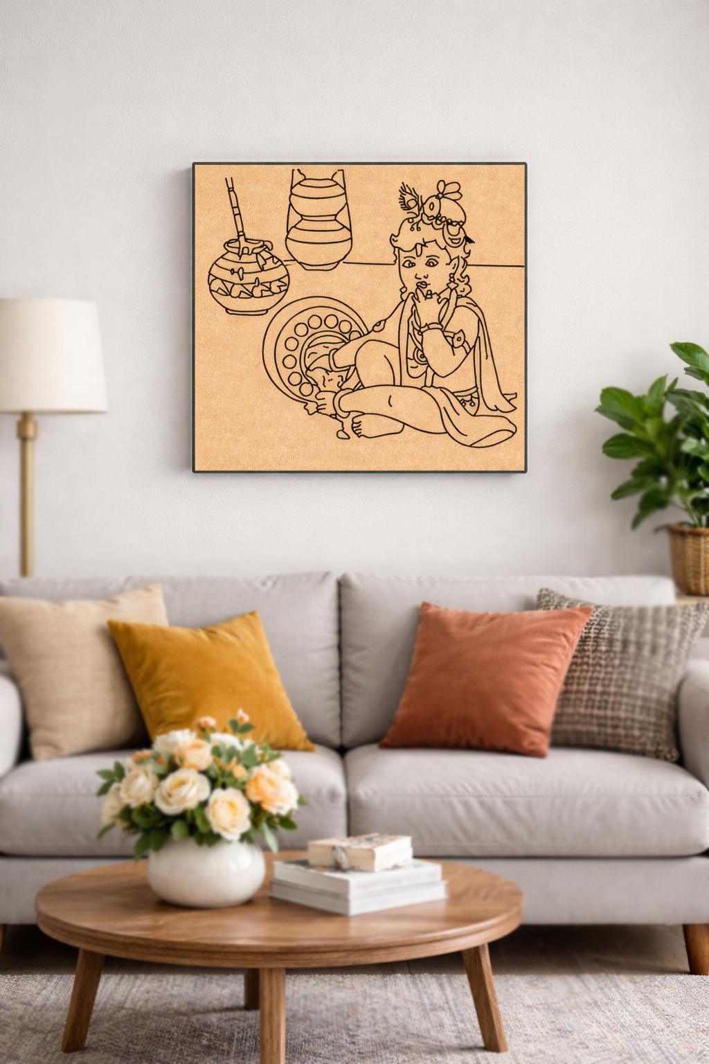 Living room with a gray sofa, wooden coffee table, and decorative MDF DIY wall art.