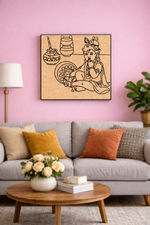 Living room with a gray sofa, colorful pillows, a wooden coffee table, and a decorative MDF DIY wall art piece.