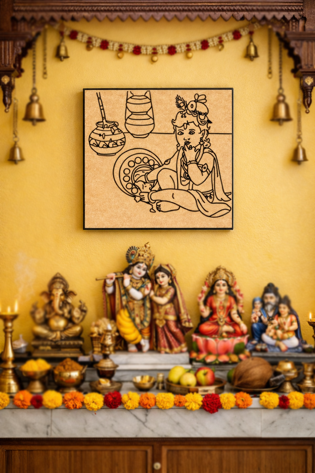 MDF DIY wall art  with statues and framed artwork on a yellow wall.