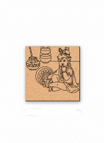 MDF DIY wall art  with a hand-drawn design of a person sitting and holding a pot, on a white background.